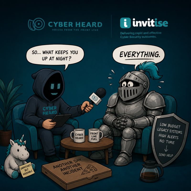 Cyber Heard: an interviewer holds a microphone to a weary knight in armour, captioned 'So... what keeps you up at night?' 'Everything.'